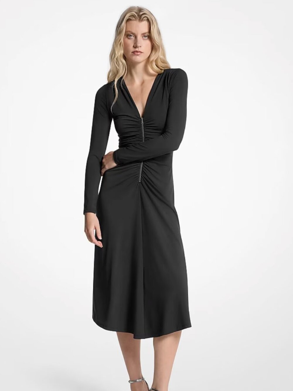 Michael Kors Black Ruched Stretch Jersey Midi Dress Medium NWT